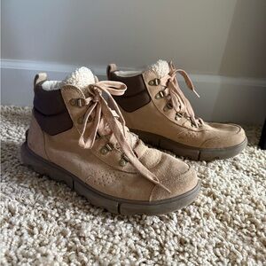 Sorel Cream Suede Boots with Sherpa Lining and Pink Accent Laces